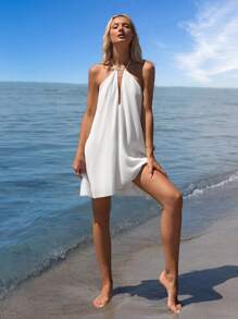 SHEIN ICON Damen weißes Trägerkleid mit offenem Rücken, weite A-Linie Mini-Länge, Lässig Resort Strand