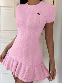 SHEIN EZwear Women's Summer Casual Embroidery Detail Ruffle Hem Mini Knit Dress,Fall Dress