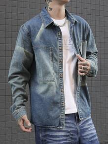 Manfinity Homme Men Casual Washed Denim Shirt For Everyday Wear, Fall - Blue - View 5