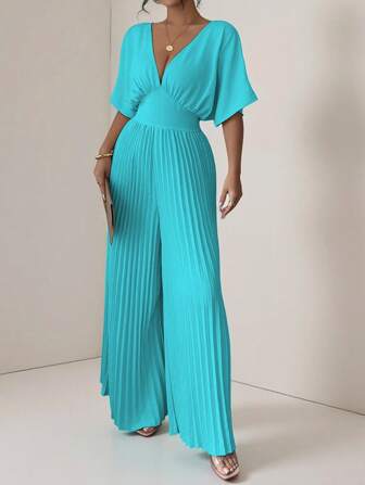 Vesra Mono elegante de mujer de unicolor con cuello en V, mangas de murciélago y plisado