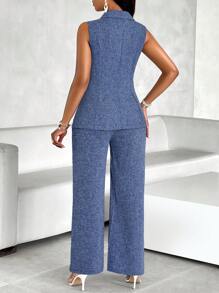 SOLERSUN Solid Commuting Sleeveless Blazer Vest & Pants For Summer - Blue - View 2