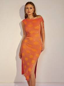 COSMINA Robe pull fendue jusqu'à la cuisse avec col asymétrique et imprimé graphique pour femme - Orange brûlé - Voir 5