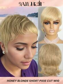 Tóc giả Pixie ngắn màu vàng mật ong làm từ tóc thật, tóc giả Pixie cắt ngắn gợn sóng, tóc giả nhiều lớp làm bằng máy cho phụ nữ - S27 - Xem 1