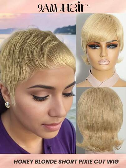 蜜金色短款真人发精灵短发假发精灵剪短波浪假发多层全机织女士假发