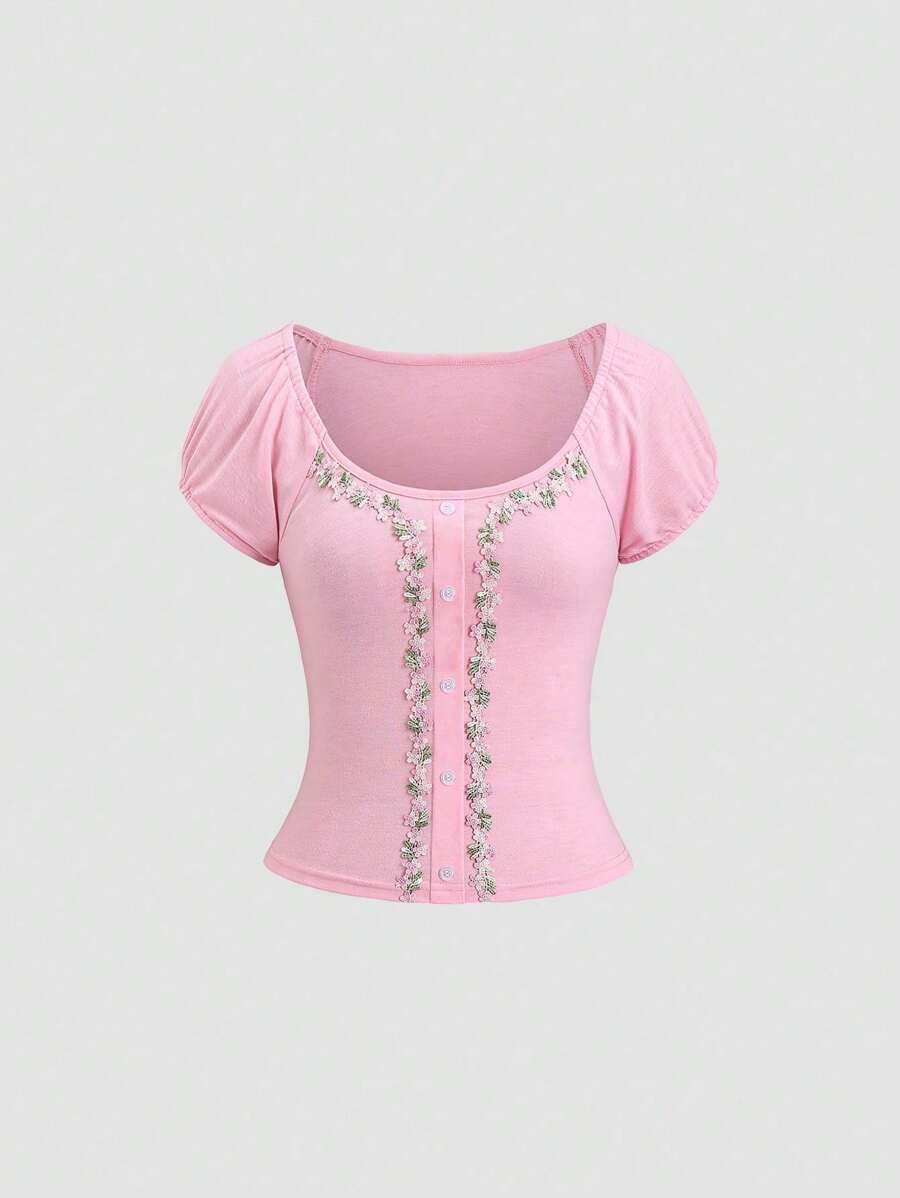 Sweetra Women's Romantic And Cute Y2K Style Summer Holiday Tee - Pink - View 1