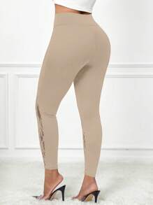 SHEIN Lady 蕾丝拼接纯色高腰女式紧身裤 - 卡其色 - 查看 2