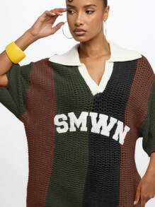 SUMWON WOMEN 超大 SMWN 标志钩针宽松针织 Polo 领校园套头衫风格上衣秋冬毛衣学院风套头衫运动休闲街头服饰 - 卡其色 - 查看 7