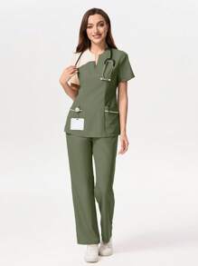 TaskEZ Color-Blocking Scrubs Set Consisting Of Short Sleeve Top And Pants, For /Healthcare Staff, Workout Clothes Women Scrub Sets For Women Scrubs Scrub Set Nurse Scrub Sets Women - Army Green - View 3