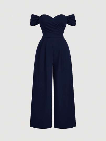 SHEIN MOD Plus Size Women's Solid Color Off Shoulder Ruched Simple Casual Velvet Skinny Jumpsuit, Women Jumpsuit,Princess Women Costume,New Year,Valentine Women S Clothes Women Casual Dress Women Summer Clothing Woman S Summer Clothes Women Dresses Birthday