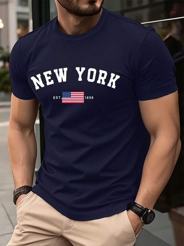 Manfinity Homme Tricou bărbătesc cu mânecă scurtă și imprimeu casual cu litere, tricouri de vară pentru bărbați cu steagul american, 4 iulie