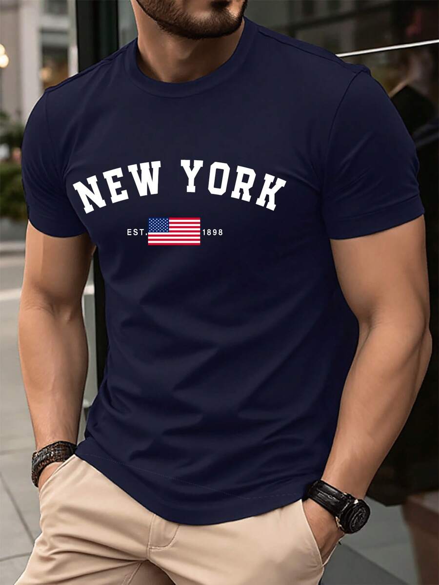 Manfinity Homme Men's Casual Letter Print Short Sleeve T-Shirt, Summer American Flag Men T Shirts - Royal Blue - View 1
