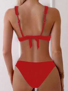 SHEIN 2 件套女士夏季沙滩装，纯色扭纹肩带高开叉红色比基尼泳装套装 - 紅色 - 查看 2