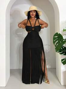 Slaydiva 大码女式镂空流苏下摆度假连衣裙 - 黑色 - 查看 7