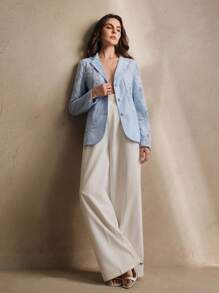 Anewsta 女士春夏新款蕾丝长袖夹克，优雅蓝色西装外套 - 藍色 - 查看 5