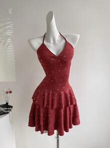 Sweetra Robe courte asymétrique pour femmes, bordeaux, printemps/été - Rouge foncé - Voir 6