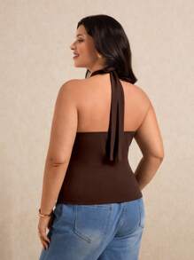 Elaquor Plus Size Solid Color Neck Tie Sleeveless Slim Fit Casual Summer Tank Top - Brown - View 4