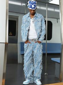 PAVTROS Manfinity Streetrush 男式磨边单排扣休闲牛仔宽松夹克，夏季外出派对舞会街头，Emo 风格，适合秋季 - 淺色水洗藍 - 查看 3