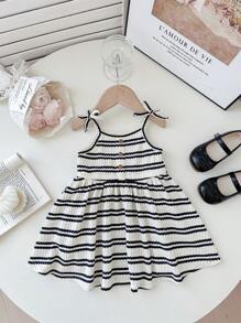 Baby Girl Cute Summer Casual White Bowknot Striped Soft Knit Sleeveless Overall Dress - Black and White - View 2