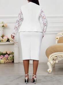 Fleurora 春季、夏季、秋季、冬季、优雅、派对、通勤、婚礼、情人节、鸡尾酒会、办公室、音乐会/音乐节、白色针织翻领、撞色蕾丝、金色纽扣、假口袋、长袖加大码西装外套和裙子套装 - 白色 - 查看 2