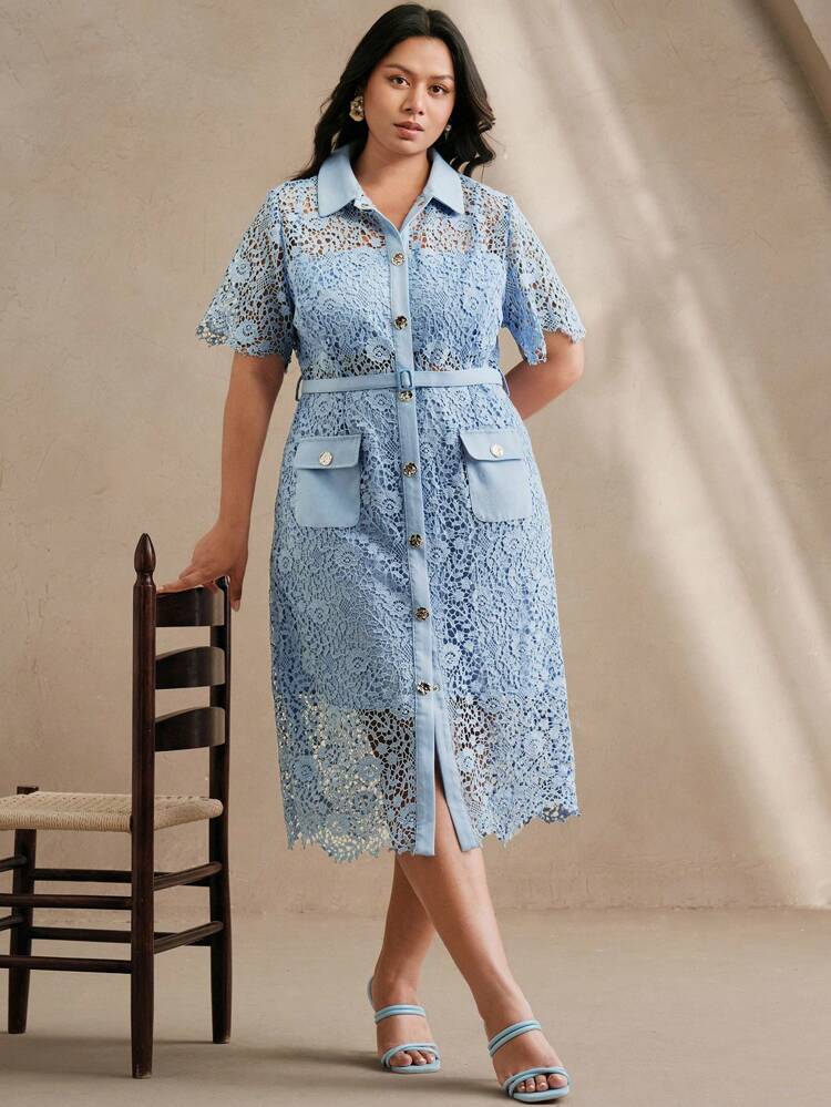 Plus Size Women's Floral Lace Trim Elegant Mid-Length Short Sleeve Dress, Fashionable, Suitable For Spring/Summer Outfits