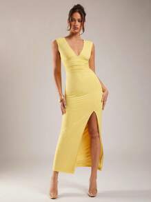 Silquee 女式深V领荷叶边高开衩无袖黄色连衣裙