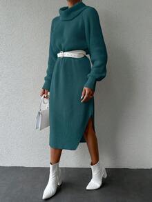 EURMUSE Women Casual Solid Color Turtleneck Knit Sweater Dress, Autumn/Winter,Petite - Green - View 4