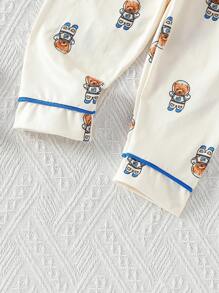 寶寶男孩可愛熊和宇航員印花兩件套家居服，包括針織外套和長褲 - 杏色 - 查看 6