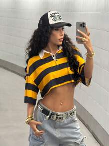 StreetHx Women's Streetwear Loose Fit Multi-Stripe Polo Shirt, Sporty Casual For Commuting, Spring/Summer - Yellow - View 4