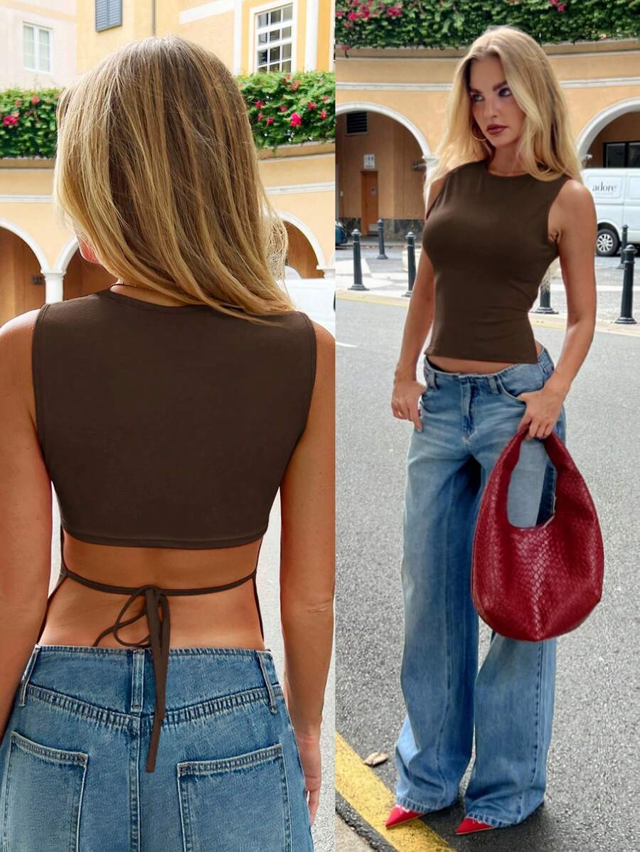 SHEIN Forever 21 春夏女式纯色系带修身短款背心 - 棕色 - 查看 1