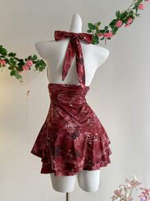 Sweetra 女式复古深 V 领修身红色危险印花迷你连衣裙，休闲时尚，春夏 - 紅色 - 查看 2