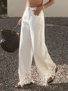 Women's Solid Color Lace Patchwork Elegant Fashion Wide-Leg Jeans - White - View 5