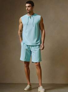 Manfinity VCAY 2pcs/Set Men's Knitted Fitted Round Neck Casual Top Set, Suitable For Summer - Green - View 4