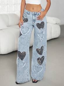 Jeanoix Quần Jeans Ống Đứng Dáng Rộng Thêu Hình Trái Tim Cạp Thấp Cho Nữ, Hàng Mới Về Thời Trang, Phù Hợp Cho Mọi Mùa - Màu xanh lam - Xem 3