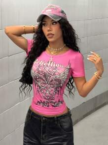 StreetHx Women's Spring/Summer Fuchsia Gothic Printed Rhinestoned Fitted Streetwear Y2K Punk Printed Vacation Short Sleeve T-Shirt