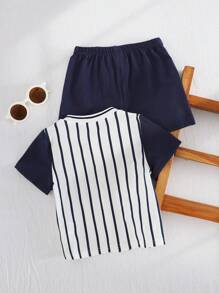 Cozy Pixies 2pcs Baby Boy "Baby Boy" Letter Pattern Knit Soft Raglan Short Sleeve Cardigan And Solid Color Elastic Waist Shorts Set - Blue - View 2