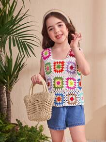 Young Girl Casual Floral Knit Cover Up Top, Suitable For Spring/Summer Vacation, Colorful Floral Pattern Knitted Shirts,Swimsuit For Summer Beach Vacation,Mom And Daughter & Sisters Matching Style Matching ,Matching Family Vacation , Holidays - Apricot - View 4