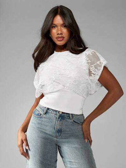 MISSGUIDED Dantel İşlemeli Puf Kollu Belden Bağlanmış Üst Şık Akşam Fırsatı Yaz Bahar Bluz