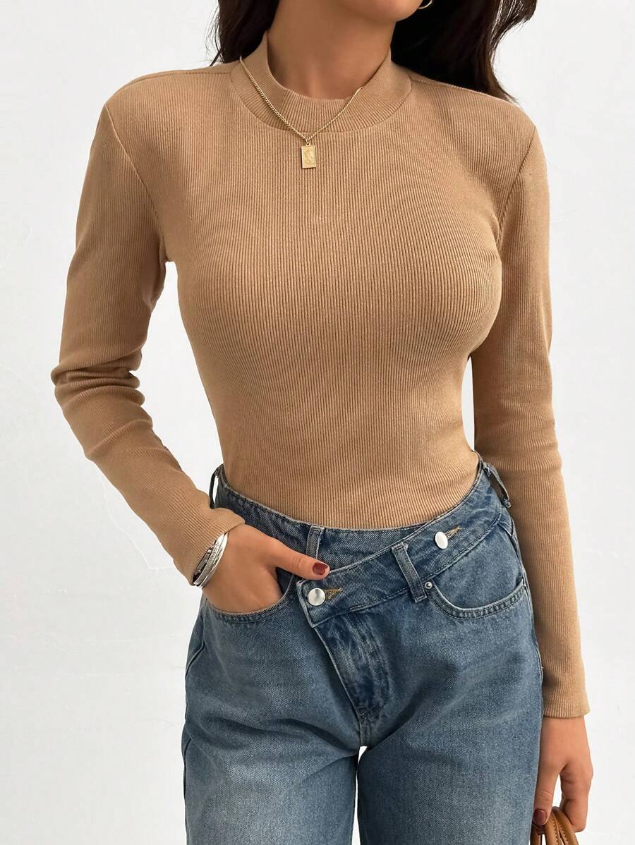 RueChic Mock Neck Ribbed Knit Tee - Beige - View 1