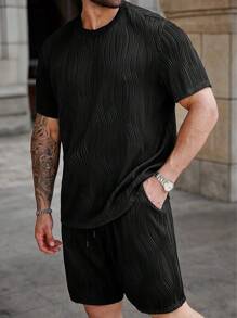 Manfinity Homme Plus Size Men Summer Casual Solid Color Textured Fabric Short Sleeve T-shirt I Szorty 2-częściowy zestaw