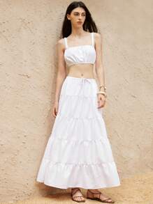 Aveloria Affinna French Vintage Romantic Sweet Elegant Lace Trim Button Decor Pleated Elastic Bust Camisole Top & Layered Ruffled Bow Knot High Waist Maxi Skirt 2pcs Set For Women