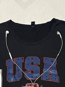 Attitoon Casual Simple USA Text Graphic Dropped Shoulder Women T-Shirt, Summer Suitable - Black - View 3