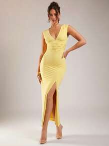 Silquee 女式深V领荷叶边高开衩无袖黄色连衣裙