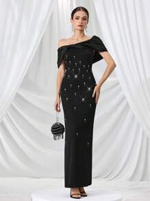 Coutiva 女士优雅不对称领口水晶装饰鸡尾酒会礼服女士礼服生日女士休闲礼服女士黑色礼服工作夏装女士短裙夏季，万圣节 - 黑色 - 查看 6