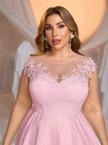 Glamrae 大码优雅浪漫透明领口花卉蕾丝拼布缎面 A 字形婚纱，新娘礼物礼服 - 粉色 - 查看 4