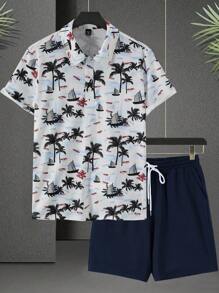 Manfinity Homme Conjunto de camisa polo de manga corta con estampado + pantalones cortos a juego, de moda para el verano para hombre