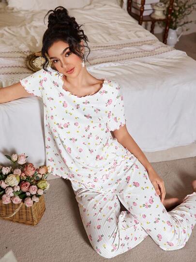 Elorette Bow Decor Waistband Floral Print Textured Knit Women's Pajama Set Holiday Season Bountiful Floral Splendor  Cozy And Elegant Details