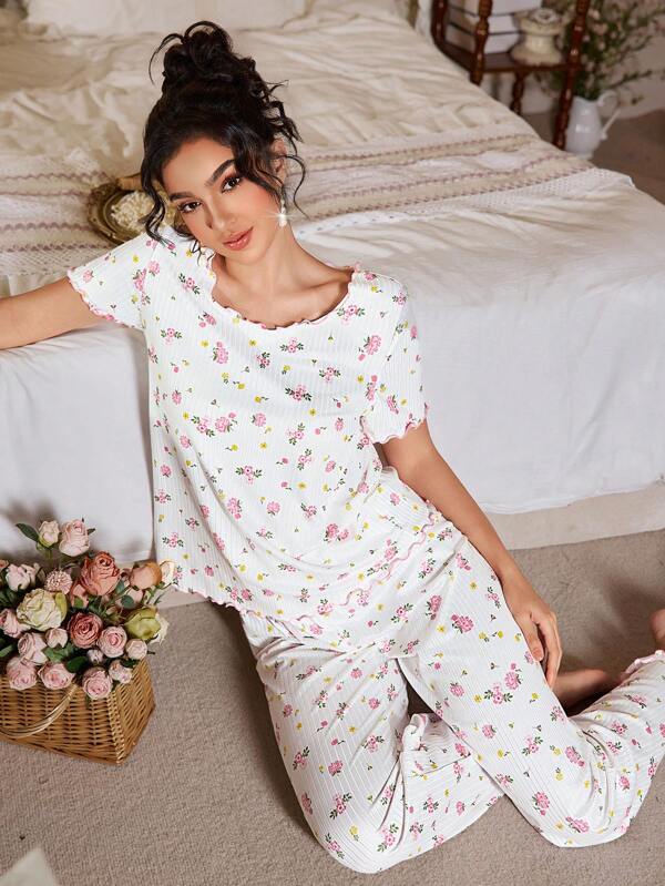 CottageSlumber Bow Decor Waistband Floral Print Textured Knit Women's Pajama Set Holidayseason