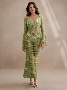 Anewsta 镂空性感长裙、手工编织沙滩比基尼罩衫、深V露背长款沙滩裙 - 綠色 - 查看 3