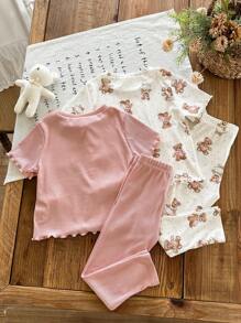 SHEIN Leap Crew 4pcs Young Girl Cute Cartoon Bear Pattern Round Neck Short Sleeve Top And Long Pants Ribbed Knit Soft Lounge Pajama Set - Multicolor - View 2
