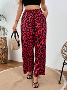 SHEIN ChicEase Women's Leopard Print Elastic Waist Pockets Casual Wide Leg Pants - Burgundy - View 6